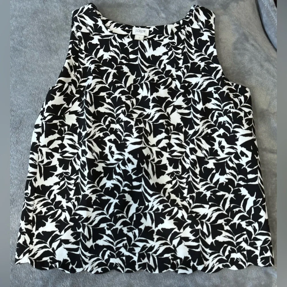 J. Crew Black and White Floral Print Scalloped HemTop